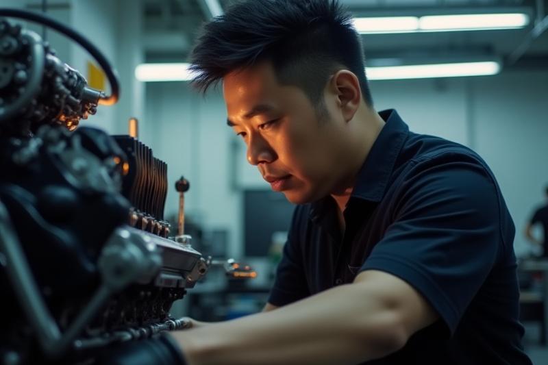 Umibe Studioの創設者兼主任チューナーである山本健一が、ワークショップでエンジンを検査している様子